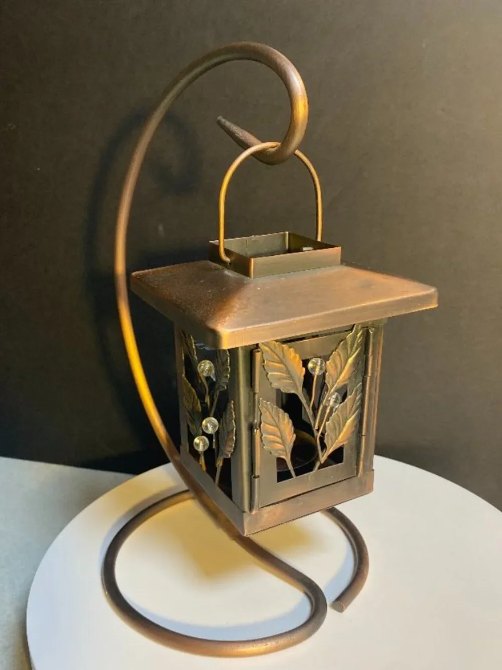 Decorative Metal Lantern Tea Light Candle Holder with Stand | Leaf & Glass